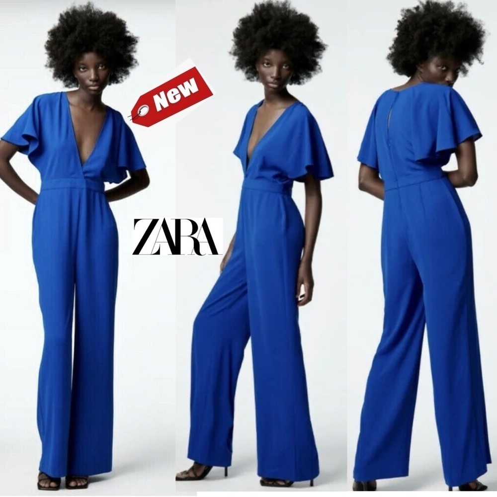 Zara Royal cobalt blue short bell sleeve V-neck jumpsuit Sz XS NWT
